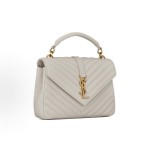 SAINT LAURENT YSL College Gold Logo chain quilted leather hand-held shoulder crossbody bag, medium size for women, grey